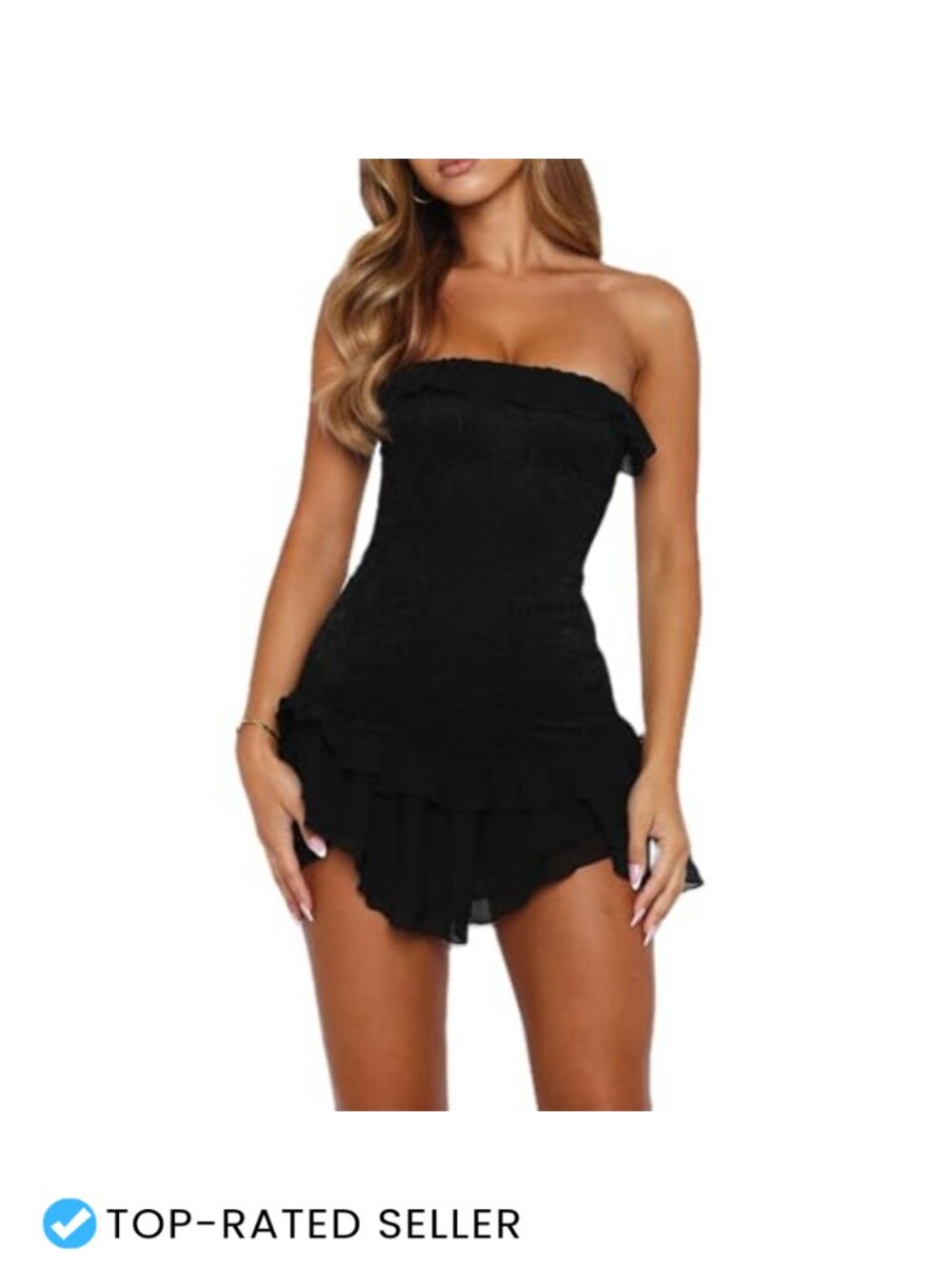 Y2K Mini Dress Lace Layered Ruffle Hem Strapless Coquette Bodycon